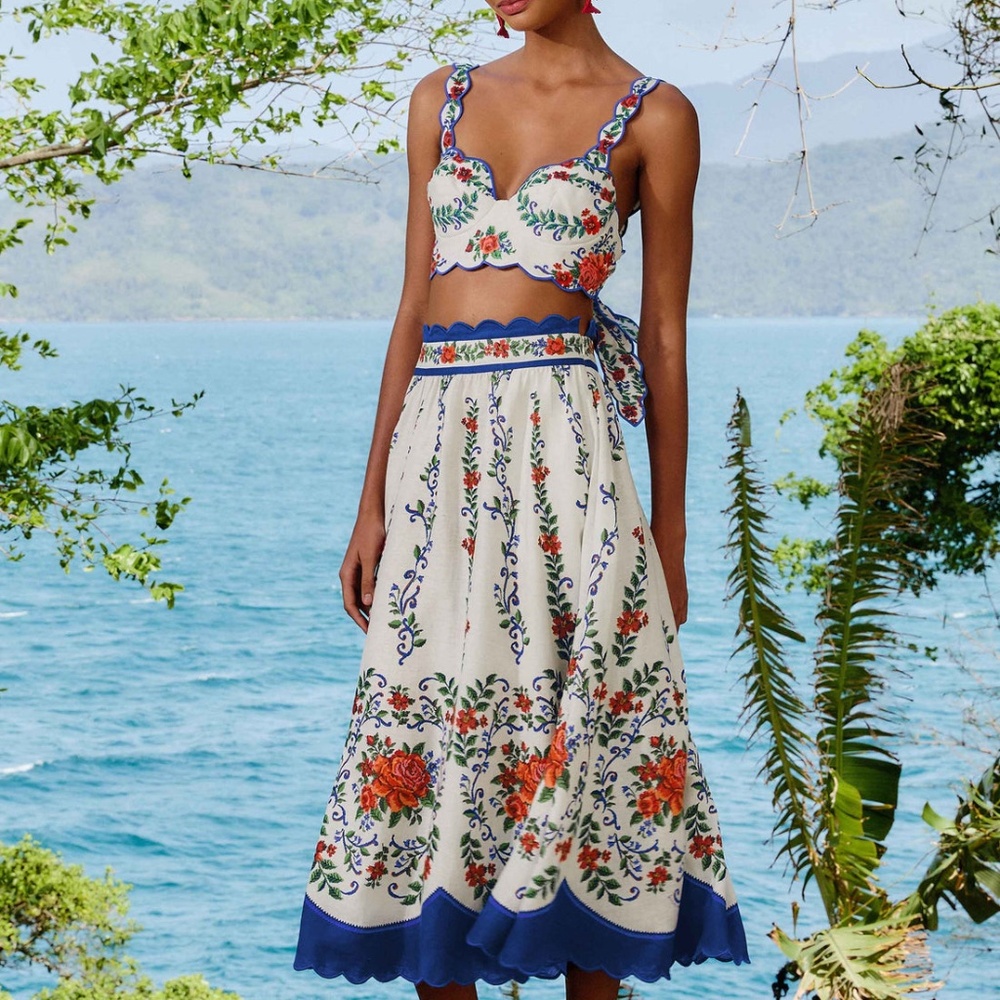 FARM Rio Cream Midi Skirt with Red Floral & Blue Trim - Picture 3 of 7